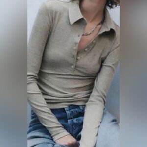 zara long sleeve polo shirt size small gray with gold flecks nwt